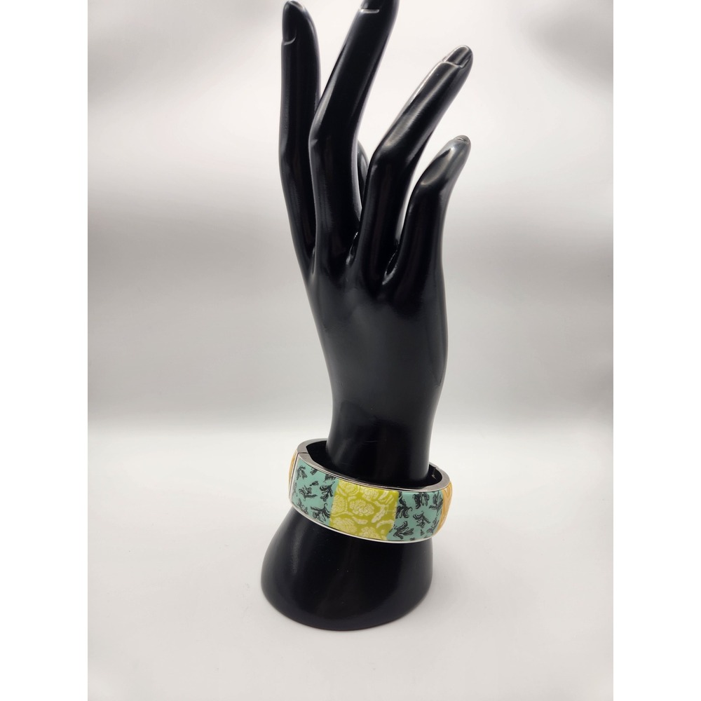 Viva Beads Hinged Bangle Bracelet Floral Botanical Green‎ Yellow Silver Tone
